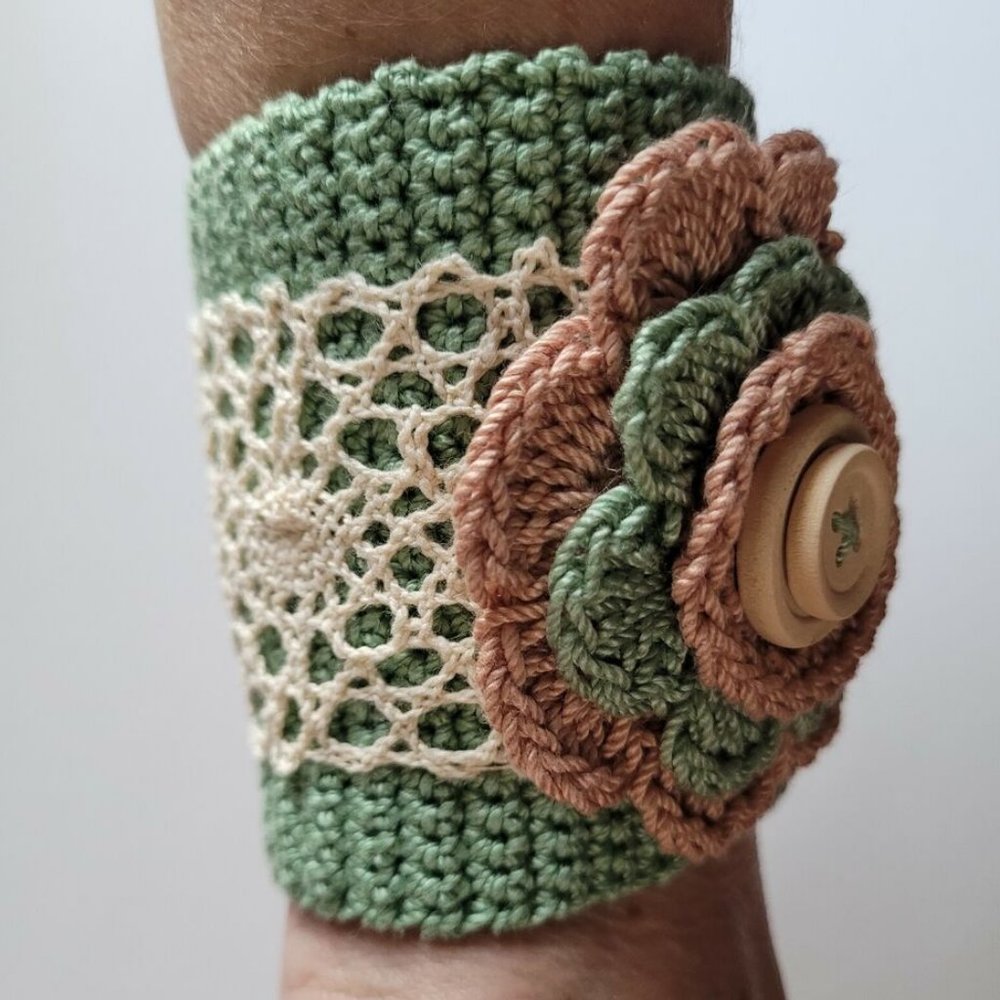 Crochet Cuff Bracelet Handmade Boho wrist cuff with Flower/ Lace Green Beige